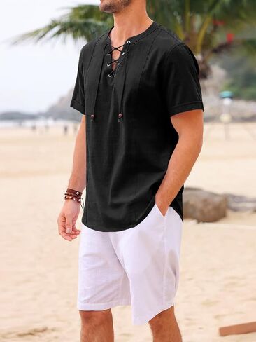 Runcati Mens Pirate Shirts Lace Up V Neck Medieval Viking Costume Tops Linen Drawstring Shirt in Saudi Arabia