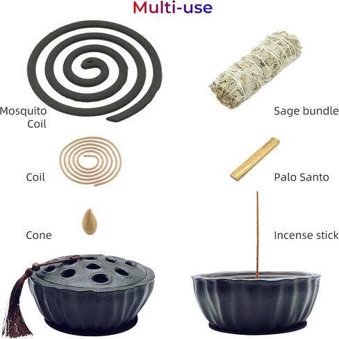 مبخرة 7 في 1، مبخرة متعددة الوظائف لملف البعوض/الملف/المخروط، حامل بخور 6.1 بوصة للعصي، حامل المريمية، حامل بالو سانتو، صائد رماد السيراميك الأسود لغرفة اليوغا. in Kuwait