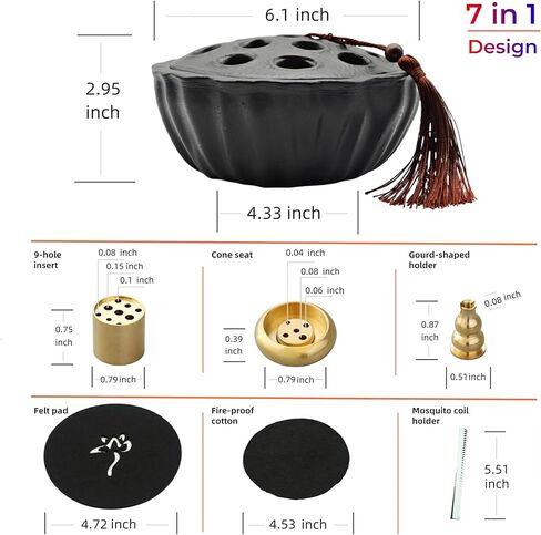 مبخرة 7 في 1، مبخرة متعددة الوظائف لملف البعوض/الملف/المخروط، حامل بخور 6.1 بوصة للعصي، حامل المريمية، حامل بالو سانتو، صائد رماد السيراميك الأسود لغرفة اليوغا. in Kuwait