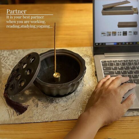 مبخرة 7 في 1، مبخرة متعددة الوظائف لملف البعوض/الملف/المخروط، حامل بخور 6.1 بوصة للعصي، حامل المريمية، حامل بالو سانتو، صائد رماد السيراميك الأسود لغرفة اليوغا. in Kuwait