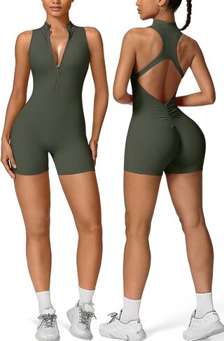Vertvie Workout Jumpsuits for Women Zip Up Tummy Control Sleeveless One Piece Rompers Shorts V Back Scrunch Yoga Bodysuit in Saudi Arabia