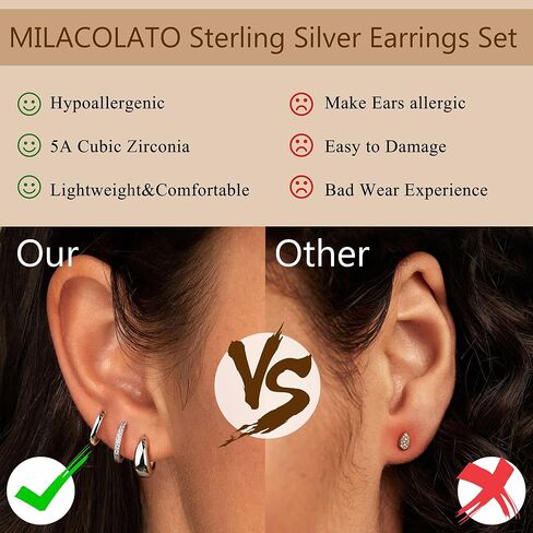 MILACOLATO 3-4 Pairs 925 Sterling Silver Earrings Set for Women 18K Gold Plated Stud Huggie Hoop Earrings Sets for Multiple Piercing Hypoallergenic Small Silver Hoop Earrings Stack for Sensitive Earrings Trendy Dainty Earrings in Saudi Arabia