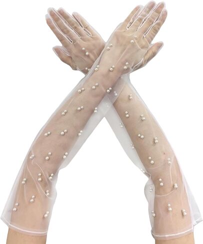 Women Sheer Long Gloves Pearl Mesh Tulle Sheer Gloves Wedding Bridal Gloves 1920s Dance Gloves Opera Party Gloves in Saudi Arabia