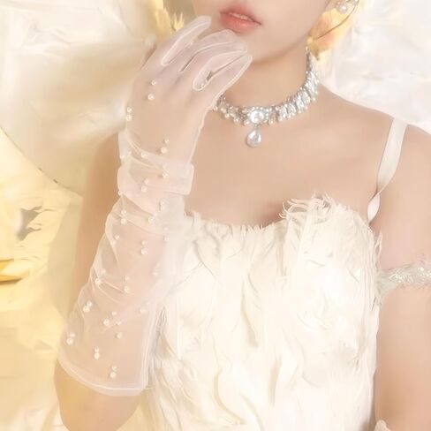 Women Sheer Long Gloves Pearl Mesh Tulle Sheer Gloves Wedding Bridal Gloves 1920s Dance Gloves Opera Party Gloves in Saudi Arabia