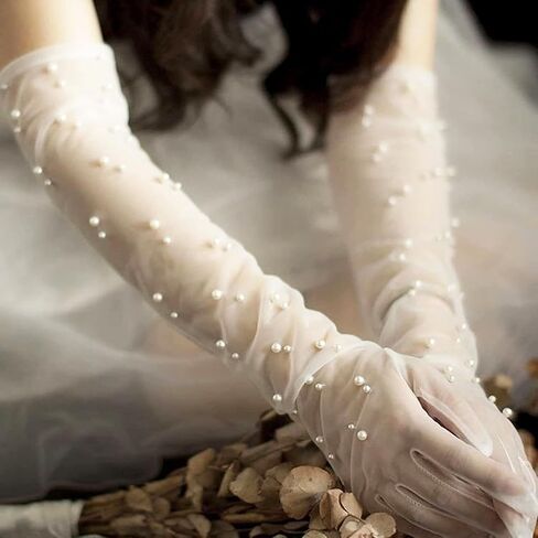 Women Sheer Long Gloves Pearl Mesh Tulle Sheer Gloves Wedding Bridal Gloves 1920s Dance Gloves Opera Party Gloves in Saudi Arabia