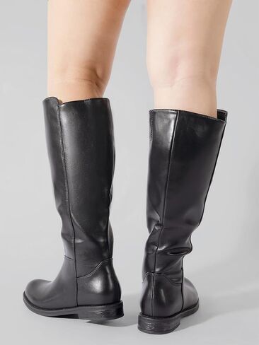 Shoe'N Tale Wide Calf Knee High Boots for Women Flat Low Heel Width Stretchy Round Toe with Side Zipper Fall and Winter Fashion Comfortable in Saudi Arabia
