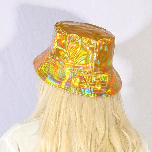 MILAKOO Rave Hologram Metallic Bucket Hat ذات وجهين، قبعة صياد المطر المقاومة للماء in Kuwait