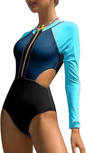AFAVOM Womens Rash Guard One Piece Swimsuit Beach Surfing Sexy Bathing Suit Zip Front Color Block Tummy Control Swimwear in Saudi Arabia
