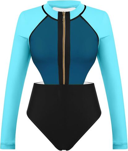 AFAVOM Womens Rash Guard One Piece Swimsuit Beach Surfing Sexy Bathing Suit Zip Front Color Block Tummy Control Swimwear in Saudi Arabia