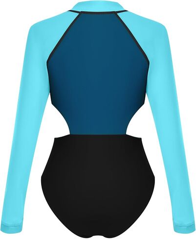 AFAVOM Womens Rash Guard One Piece Swimsuit Beach Surfing Sexy Bathing Suit Zip Front Color Block Tummy Control Swimwear in Saudi Arabia