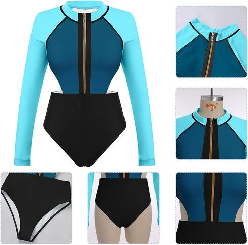 AFAVOM Womens Rash Guard One Piece Swimsuit Beach Surfing Sexy Bathing Suit Zip Front Color Block Tummy Control Swimwear in Saudi Arabia