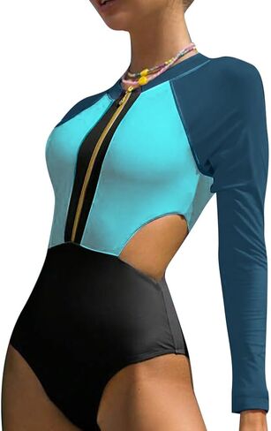 AFAVOM Womens Rash Guard One Piece Swimsuit Beach Surfing Sexy Bathing Suit Zip Front Color Block Tummy Control Swimwear in Saudi Arabia