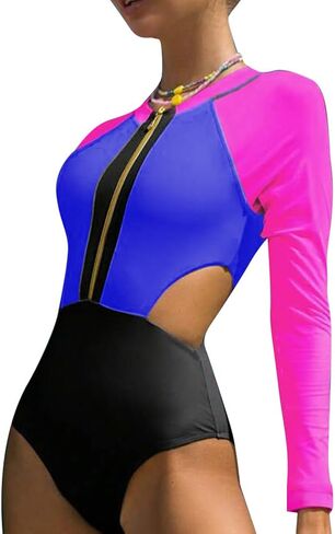 AFAVOM Womens Rash Guard One Piece Swimsuit Beach Surfing Sexy Bathing Suit Zip Front Color Block Tummy Control Swimwear in Kuwait