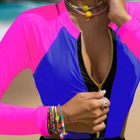 AFAVOM Womens Rash Guard One Piece Swimsuit Beach Surfing Sexy Bathing Suit Zip Front Color Block Tummy Control Swimwear in Kuwait
