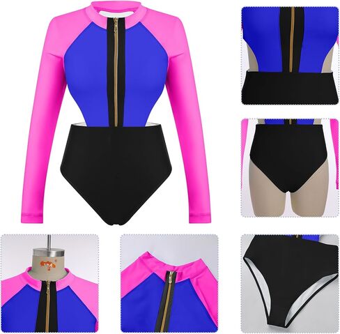 AFAVOM Womens Rash Guard One Piece Swimsuit Beach Surfing Sexy Bathing Suit Zip Front Color Block Tummy Control Swimwear in Kuwait