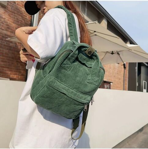 Vintage Corduroy Backpack in Simple and Fashionable Style with Dual Purpose, Large Capacity, and Solid Color (Green) in Saudi Arabia
