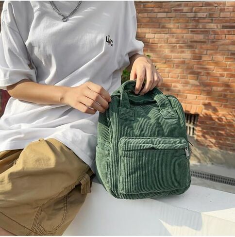 Vintage Corduroy Backpack in Simple and Fashionable Style with Dual Purpose, Large Capacity, and Solid Color (Green) in Saudi Arabia