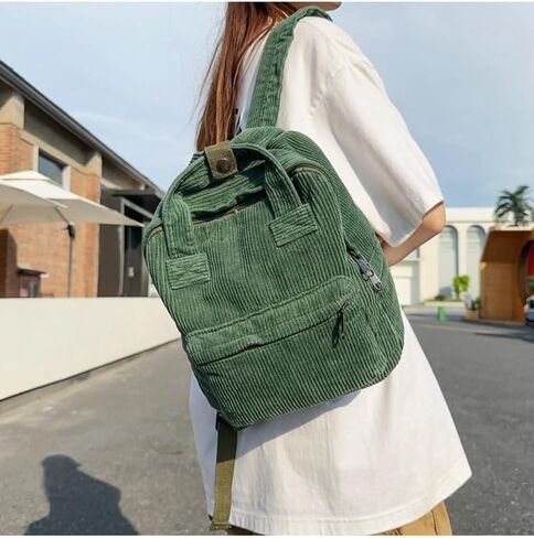 Vintage Corduroy Backpack in Simple and Fashionable Style with Dual Purpose, Large Capacity, and Solid Color (Green) in Saudi Arabia
