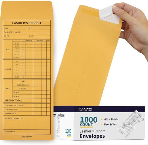 Volcora 100 Pack Cashier Envelopes, Cash Deposit Envelopes, Self Adhesive Cash Envelopes, Money Envelopes, Brown Kraft Bank Deposit Slips for Retailers, Restaurants, Small Businesses, Stores in Saudi Arabia