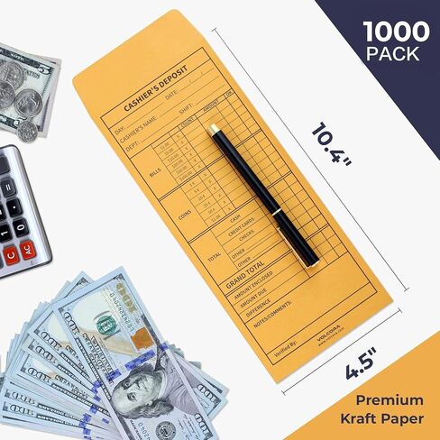 Volcora 100 Pack Cashier Envelopes, Cash Deposit Envelopes, Self Adhesive Cash Envelopes, Money Envelopes, Brown Kraft Bank Deposit Slips for Retailers, Restaurants, Small Businesses, Stores in Saudi Arabia