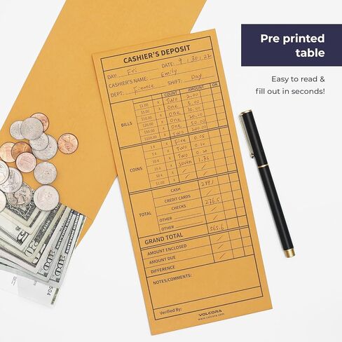 Volcora 100 Pack Cashier Envelopes, Cash Deposit Envelopes, Self Adhesive Cash Envelopes, Money Envelopes, Brown Kraft Bank Deposit Slips for Retailers, Restaurants, Small Businesses, Stores in Saudi Arabia