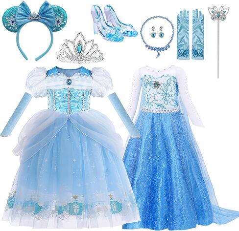 2pcs Princess Dresses for Girls Little Kids Blue Princess Costume Cosplay Outfit Birthday Halloween Party Dress Up in Saudi Arabia
