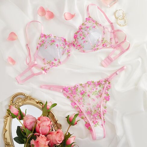 KAYLLE&KT Lingerie for Women Sexy Floral Embroidered See Through Underwire Bra and Panty Set in Saudi Arabia