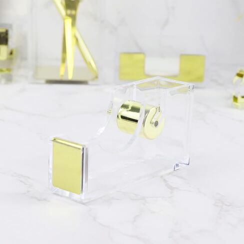 NatSumeBasics Gold Tape Dispenser Clear Acrylic Tapes Dispenser for Desk Aesthetic Office School Accessories Supplies (Clear Gold) in Kuwait