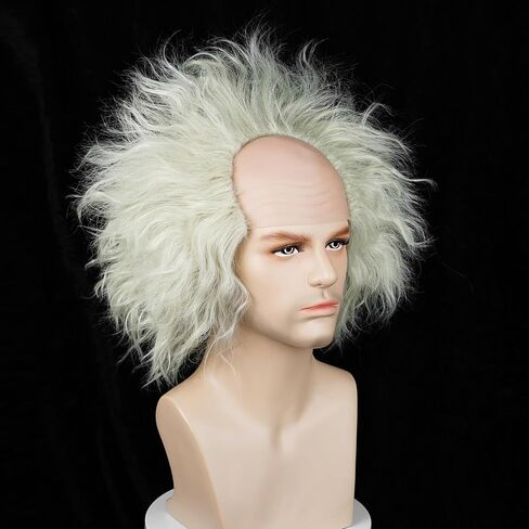 Wiggy Mermaid Unisex Silver Light Green Wig Men, Short Wavy Bald Wig Messy Mad Scientist Wig Old Man Wig Fluffy Crazy Funny Wig + Wig Cap for Movie Halloween Costume Party Cosplay in Saudi Arabia