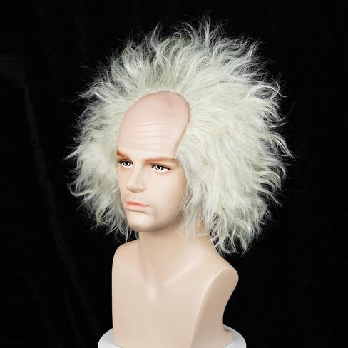 Wiggy Mermaid Unisex Silver Light Green Wig Men, Short Wavy Bald Wig Messy Mad Scientist Wig Old Man Wig Fluffy Crazy Funny Wig + Wig Cap for Movie Halloween Costume Party Cosplay in Saudi Arabia