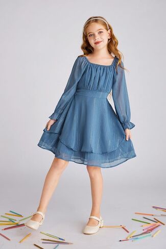 GRACE KARIN Girls Fall Dress Long Sleeve Casual Dresses Square Neck Ruffle Tiered Layer A-line Dress 5-12Y in Saudi Arabia