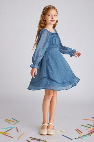 GRACE KARIN Girls Fall Dress Long Sleeve Casual Dresses Square Neck Ruffle Tiered Layer A-line Dress 5-12Y in Saudi Arabia