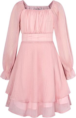 GRACE KARIN Girls Fall Dress Long Sleeve Casual Dresses Square Neck Ruffle Tiered Layer A-line Dress 5-12Y in Saudi Arabia