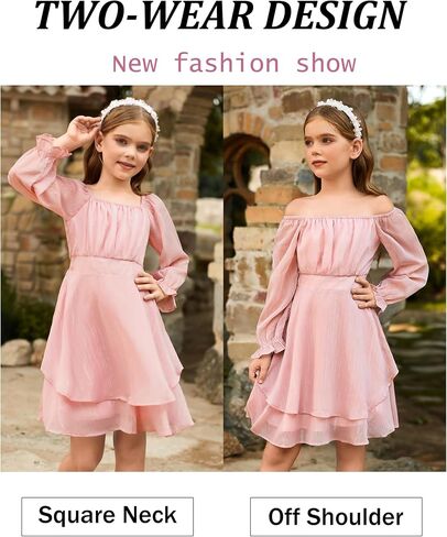 GRACE KARIN Girls Fall Dress Long Sleeve Casual Dresses Square Neck Ruffle Tiered Layer A-line Dress 5-12Y in Saudi Arabia
