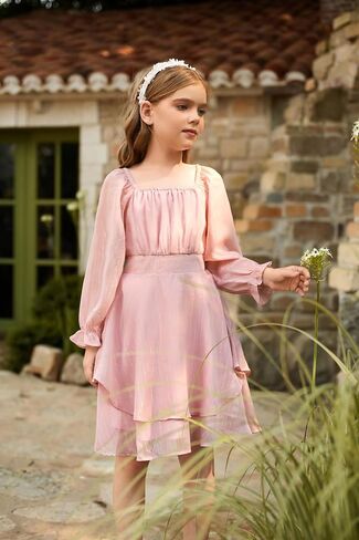 GRACE KARIN Girls Fall Dress Long Sleeve Casual Dresses Square Neck Ruffle Tiered Layer A-line Dress 5-12Y in Saudi Arabia