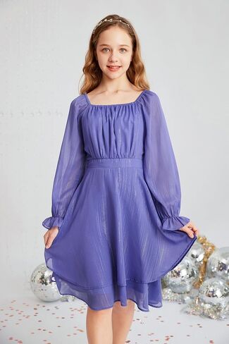 GRACE KARIN Girls Fall Dress Long Sleeve Casual Dresses Square Neck Ruffle Tiered Layer A-line Dress 5-12Y in Saudi Arabia