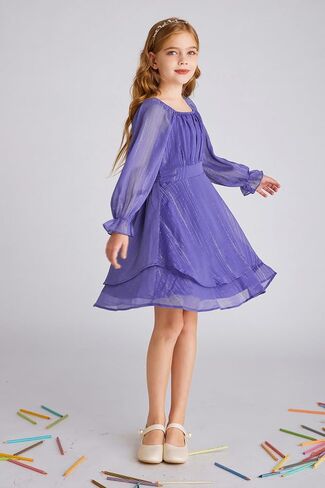 GRACE KARIN Girls Fall Dress Long Sleeve Casual Dresses Square Neck Ruffle Tiered Layer A-line Dress 5-12Y in Saudi Arabia