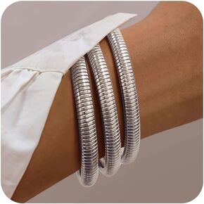 3Pcs Chunky Gold Bangles for Women Stretch Bangles Bracelets 18K Gold Plated Stainless Steel Flexible Snake Chain Wide Wristband Stack Layered Bangle Bracelets 8/10mm