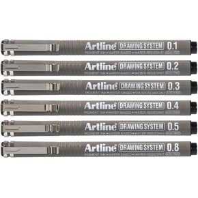 Artline 0.1mm/ 0.2mm/ 0.3mm/ 0.4mm/ 0.5mm/ 0.8mm Drawing System - Black (Wallet of 6)
