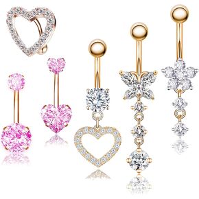 Belly Button Ring Pink 14G Surgical Stainless Steel Dangle Navel Belly Piercing Jewelry Cute CZ Heart Butterfly Bow Flower Navel Rings for Women Dangling Belly Button Piercing Silver/Rose Gold
