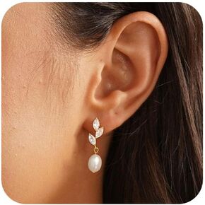 Dainty Gold Pearl Earrings for Women, Trendy 14k Gold Filled Freshwater CZ Leaf Bow Pearl Dangle Drop Earrings Lightweight Hypoallergenic Bridesmaid Stud Earring Wedding Statement Jewelry for Women Gifts