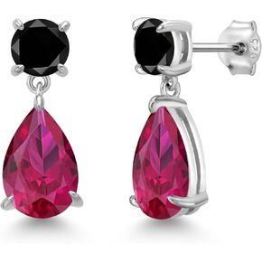 Gem Stone King 925 Sterling Silver Red Created Ruby and Black Diamond Teardrop Dangle Drop Earrings For Women (9.06 Cttw, Gemstone Birthstone, Pear Shape 12x8MM, Round 6MM)