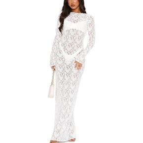Black Lace Dress for Women Sexy 2024 Hollow Out Transparent Long Sleeves Open Back Bustier Sheer Maxi Dress