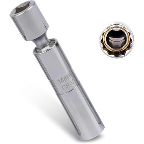 1 PC Car Drive Spark Plug Socket 14mm Wrench, 3/8" Drive Ultra-Thin Twelve-point Universal Joint Socket Disassemble Wrench, 360° Rotating Durable Steel Universal Joint, for Most Cars (Silver)