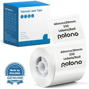 POLONO Genuine Thermal Labels for PM220S Label Makers, 1.57"x1.18" (40x30mm) Thermal Label, Waterproof, Multi-Purpose Self-Adhesive Labels for Small Bussiness, Office, School, 230 Labels/Roll (White)