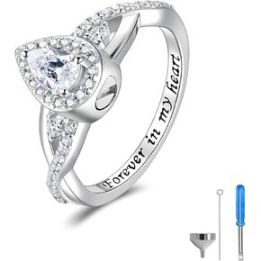 Sterling Silver Urn Ring for Ashes: Women Teardrop Cubic Zirconia Ash Ring Memorial Cremation Jewelry Bereavement Keepsakes Gift for Loss of a Loved One