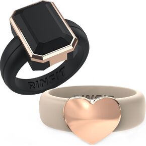 Rinfit Silicone Rings for Her - Rubber Wedding Bands - Black Emerald & Nude Heart - Metal Rose Gold - Size 5