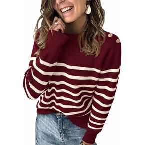KIRUNDO Women's 2024 Fall Winter Striped Long Sleeve Knit Sweater Casual Loose Crewneck Pullover Tops with Metal Buttons