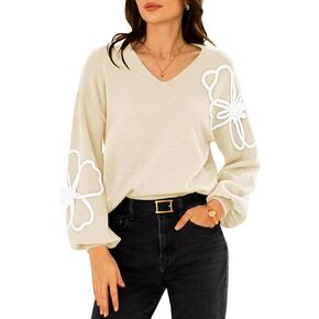 Pink Queen Women's Pullover Sweaters 2024 Knit Floral V Neck Tunic Pullover Long Sleeve Oversized Fall Casual Sweater
