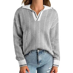 EVALESS Womens Lapel V Neck Color Block Striped Sweaters Drop Shoulder Long Sleeve Pullover Tops
